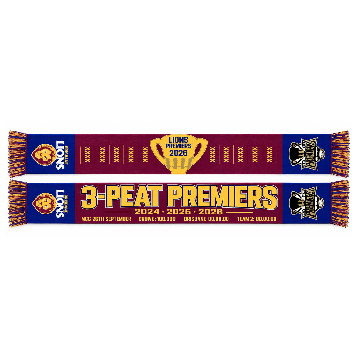 AFL Brisbane Lions 3-PEAT 2026 Premiers Supporter Scarf (Pre Order)