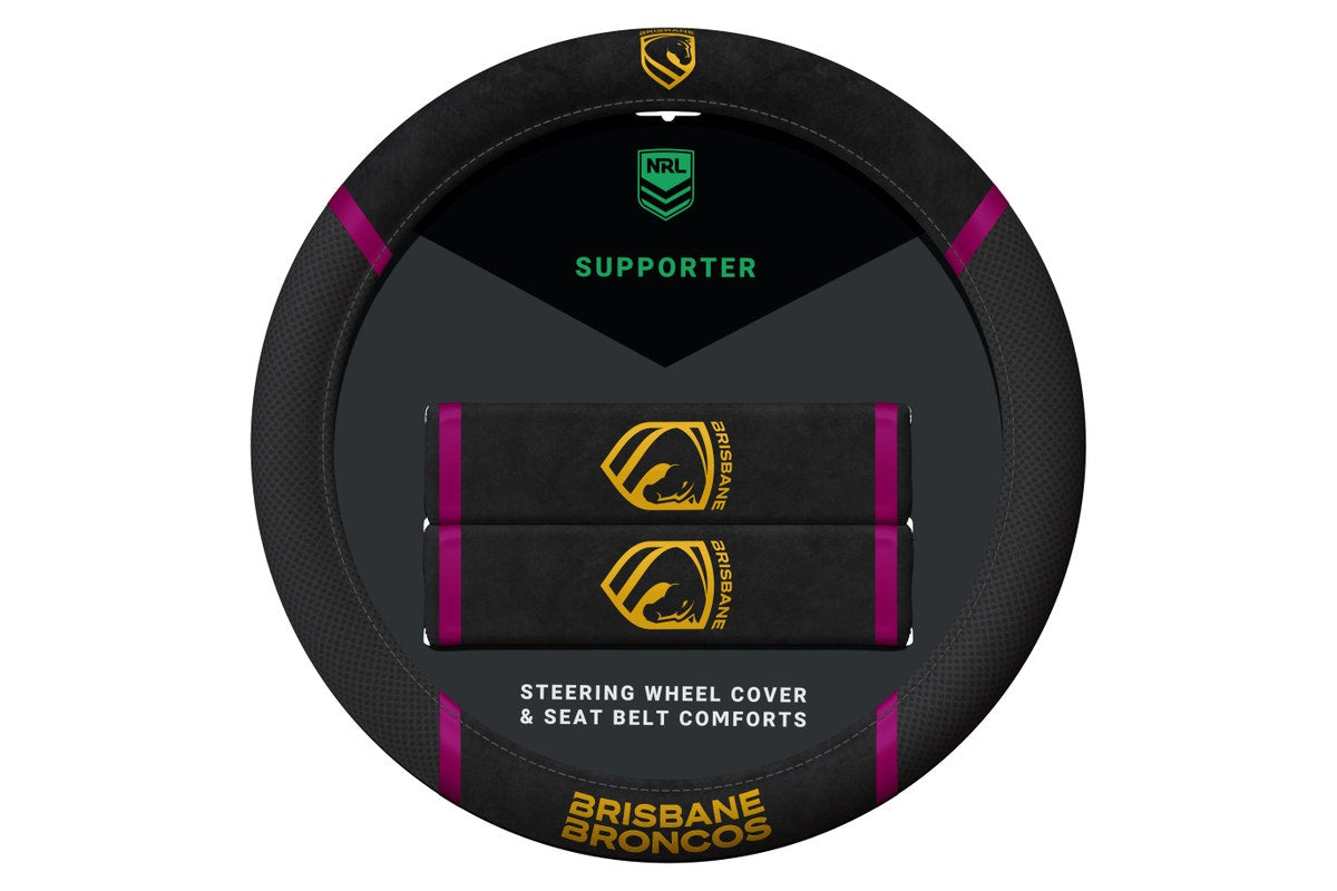 Brisbane Broncos Steering Wheel Cover & Seat Belt Comforts Set