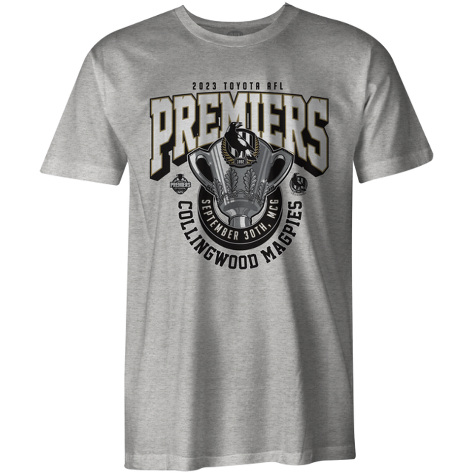 STOCKTAKE SALE                  2023 AFL Premiers Collingwood Magpies Grey Men's Tee