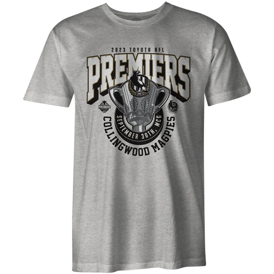 STOCKTAKE SALE           2023 AFL Premiers Collingwood Magpies Grey Youth Tee