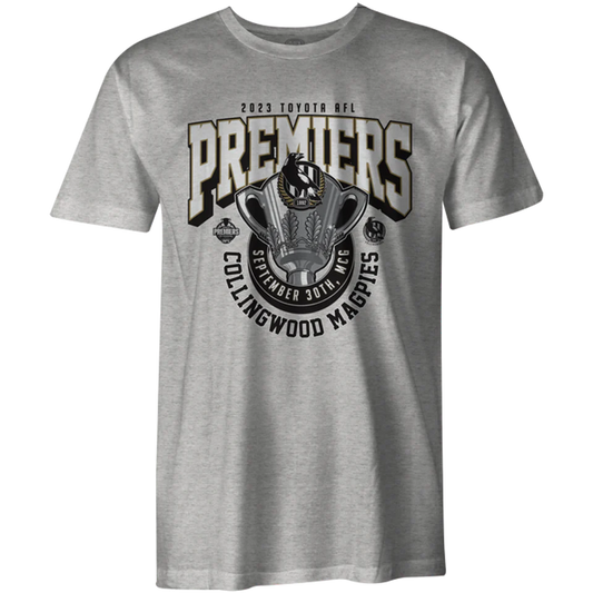 STOCKTAKE SALE           2023 AFL Premiers Collingwood Magpies Grey Youth Tee