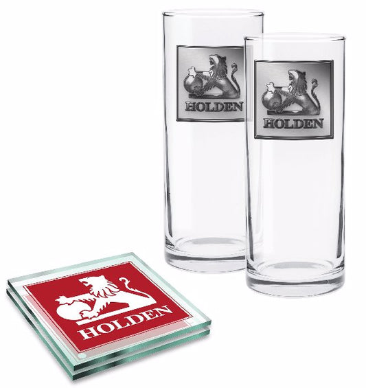 Holden Set of 2 Highball Metal Badged Glasses and Glass Coasters