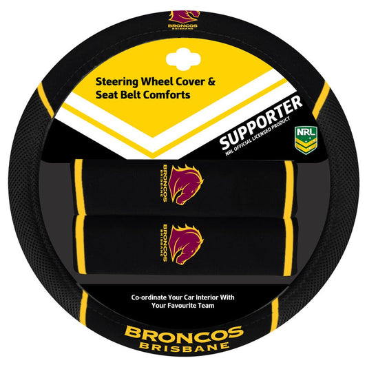 Brisbane Broncos Steering Wheel Cover & Seat Belt Comforts Set