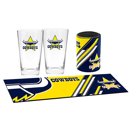 North QLD Queensland Cowboys NRL Bar Essentials Pack Bar Runner Mat 2x Glasses Can Cooler